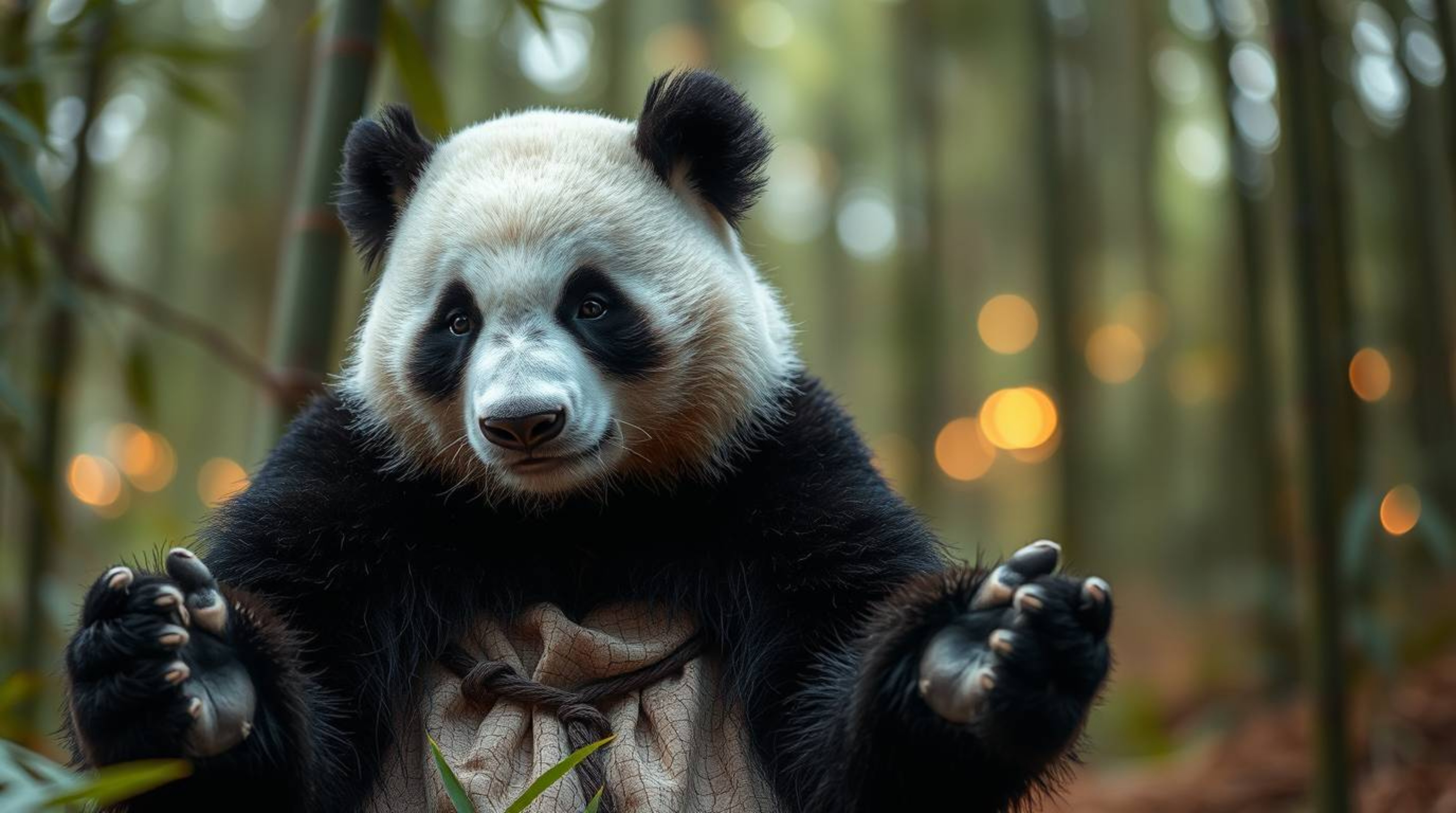 Witness the serene power of a martial artist panda meditating in a bamboo forest. This extreme macro close-up long exposure p