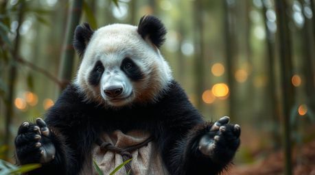 Witness the serene power of a martial artist panda meditating in a bamboo forest. This extreme macro close-up long exposure p