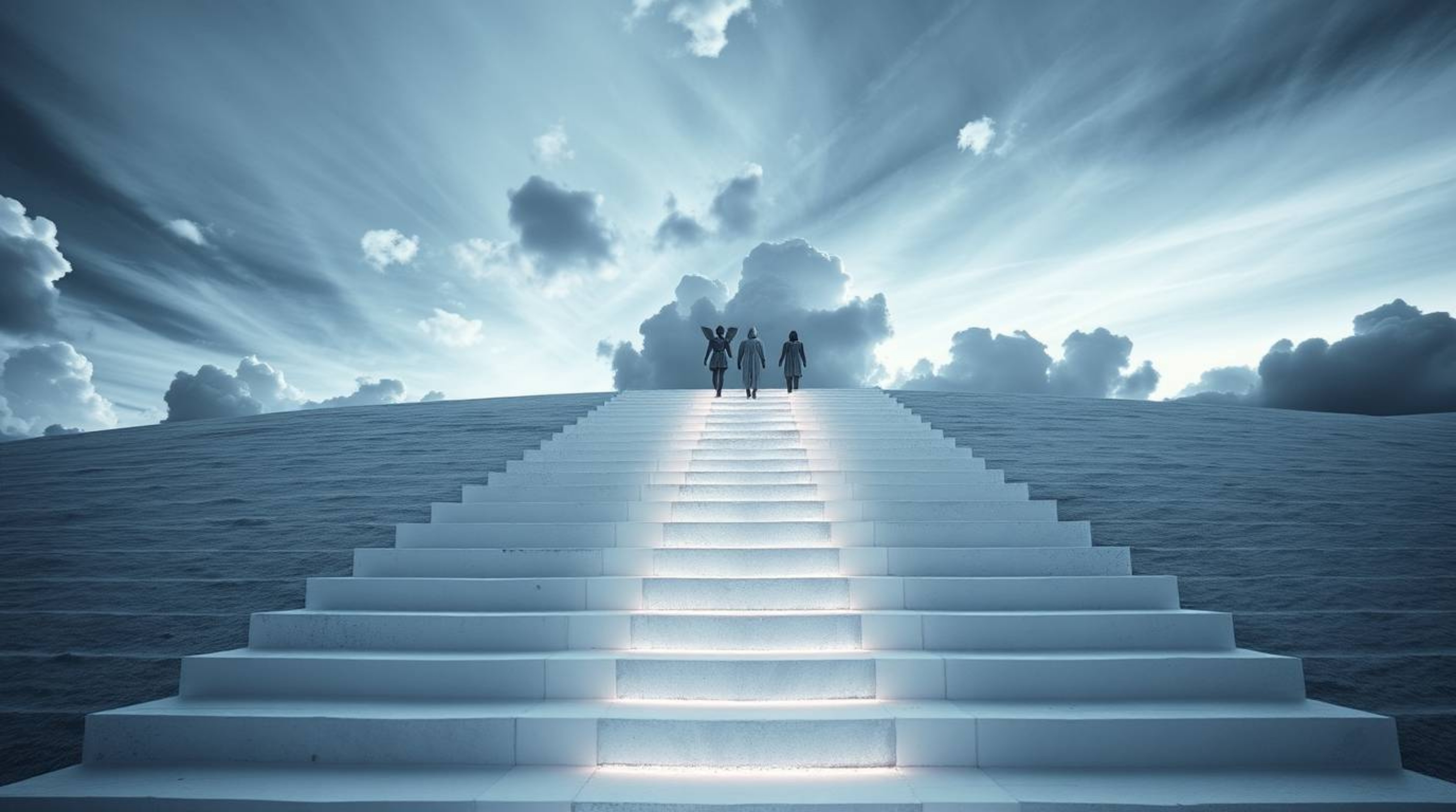 Explore a surreal infrared dreamscape featuring luminous steps ascending into a cloudy sky, watched over by angelic figures o