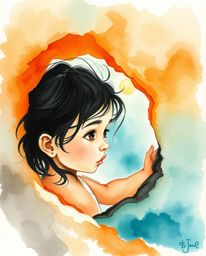 A captivating watercolor painting depicts a child with dark hair and eyes discovering a swirling, magical portal. The artwor