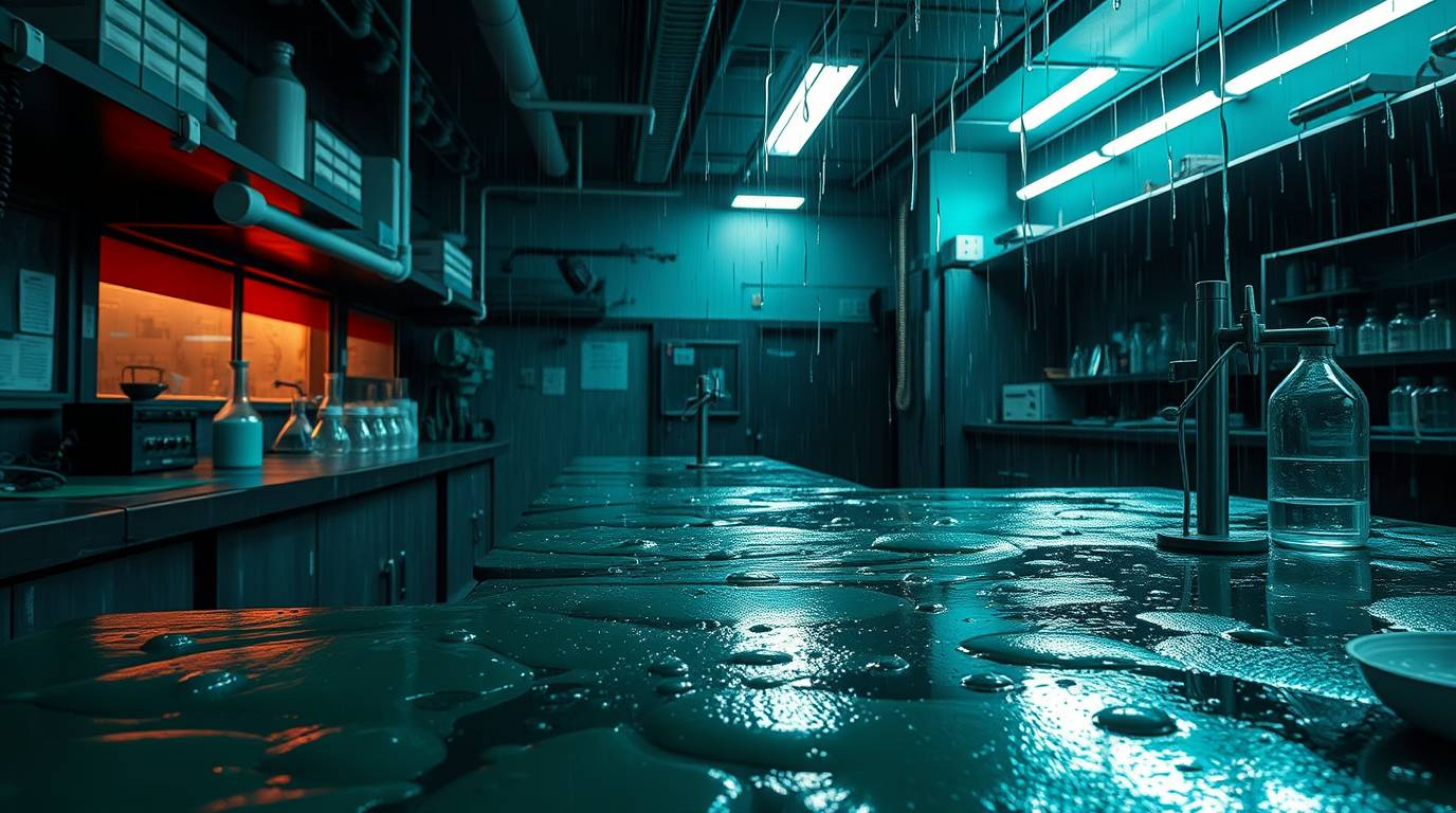 Immerse yourself in a visually stunning scene: a slime-covered science lab bathed in rich, deep teal tones under a drizzling 