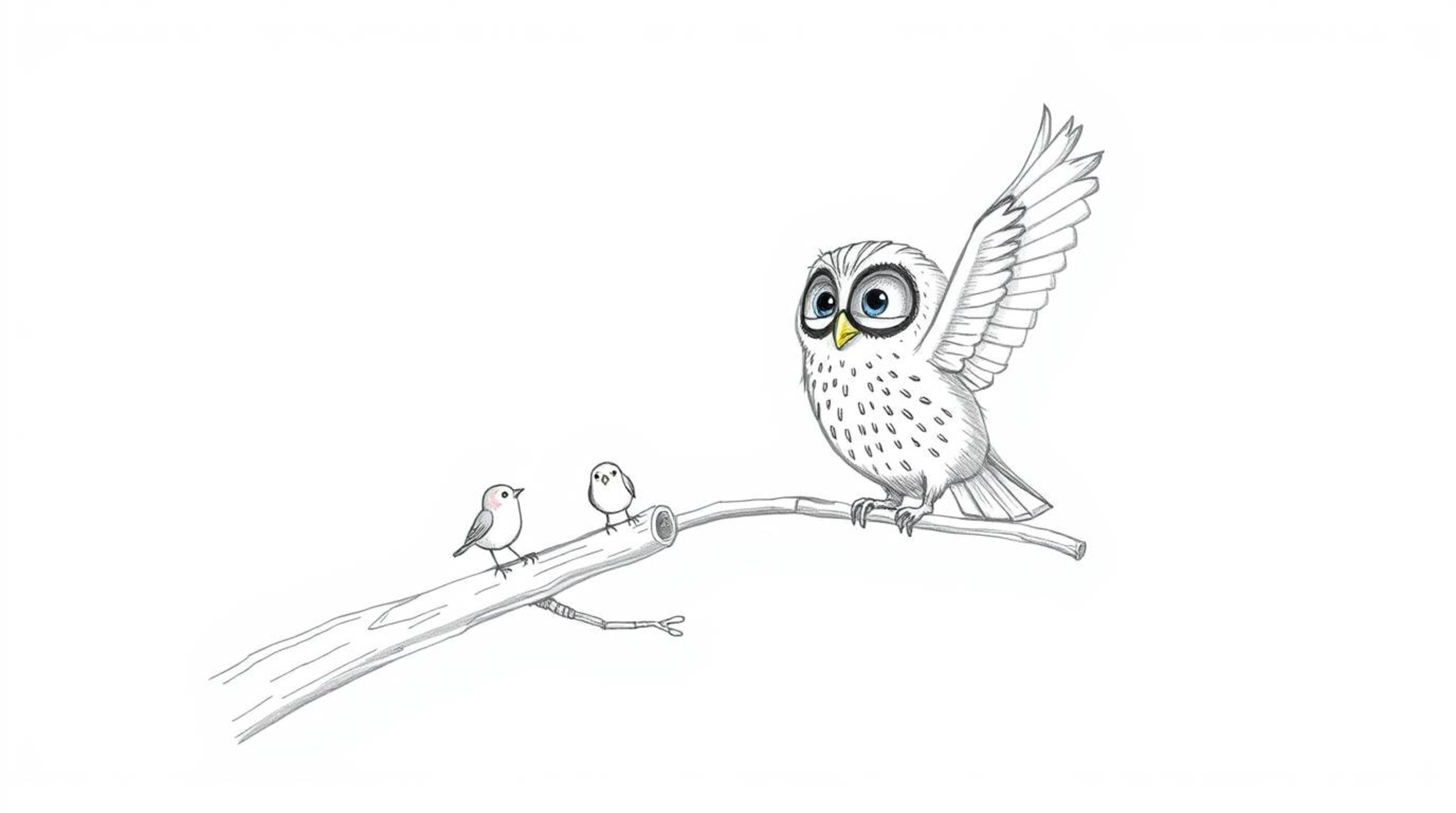 This image depicts a heartwarming scene in a Pixar-style, hand-drawn sketch. A blind owl, rendered with textured pencil strok