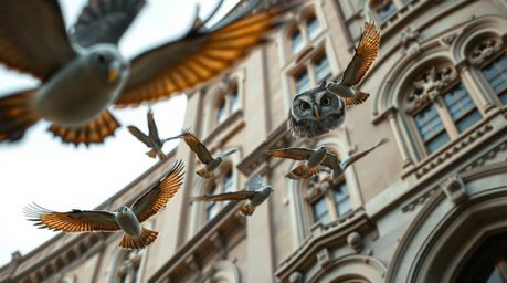 A captivating Pixar-style architectural color photograph depicts a blind owl with detailed feathers and wise eyes, in the hea