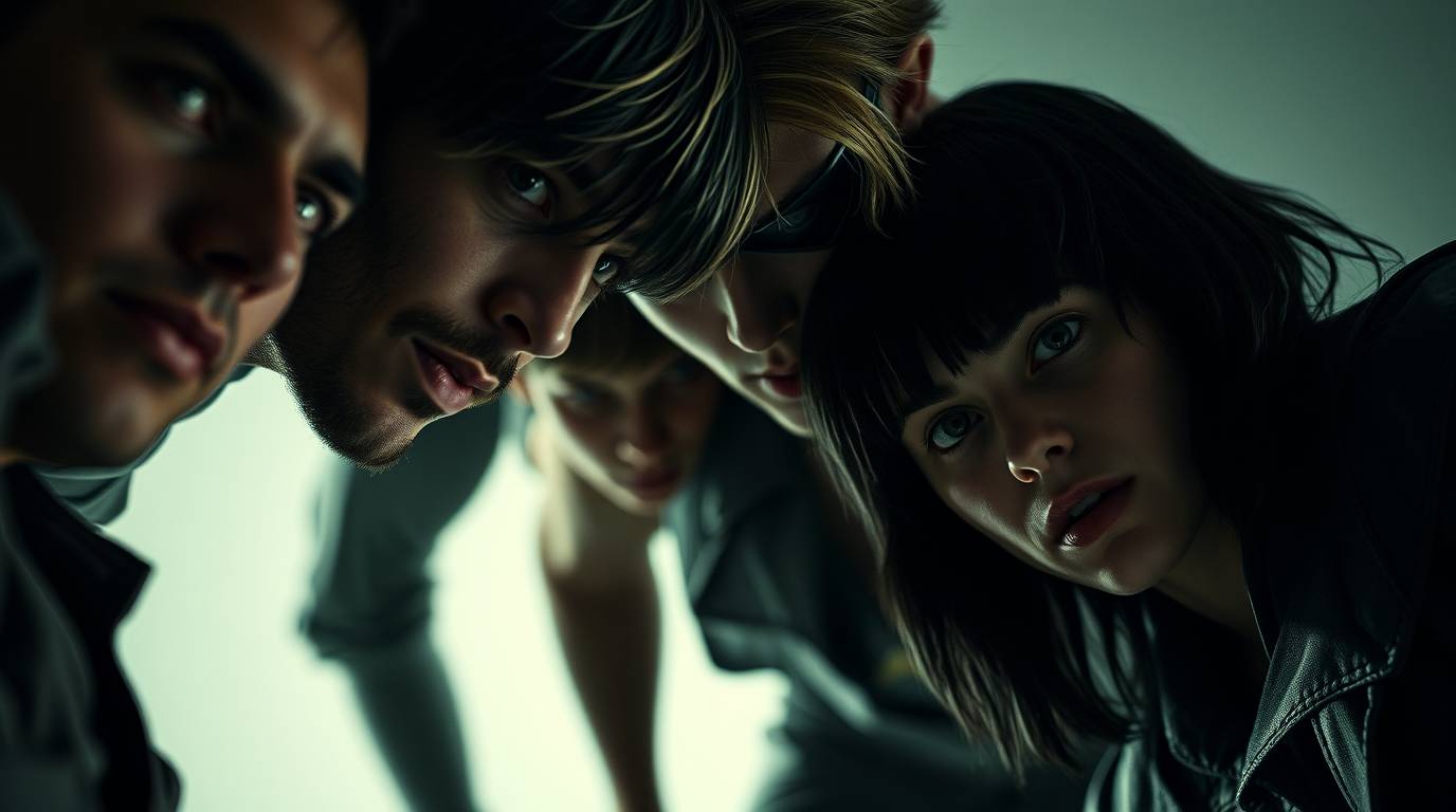 A captivating close-up reveals a team of unlikely heroes banding together.  The image features a strong, moody aesthetic with