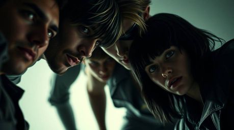 A captivating close-up reveals a team of unlikely heroes banding together.  The image features a strong, moody aesthetic with