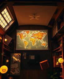 Experience the allure of an old study bathed in the warm, golden light of dawn or dusk, featuring a captivating overhead bird
