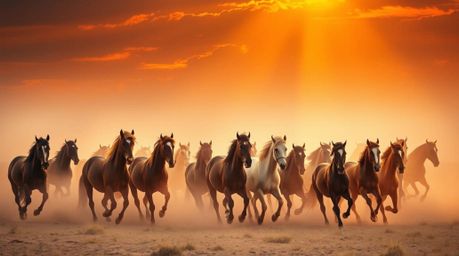 Experience the raw power and beauty of a herd of wild horses galloping beneath a breathtaking sky ablaze with vibrant colors.