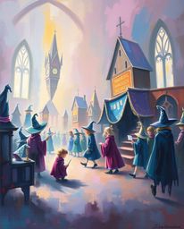Immerse yourself in a soft and dreamy atmosphere with this bold acrylic painting of a magical school brimming with young wiza