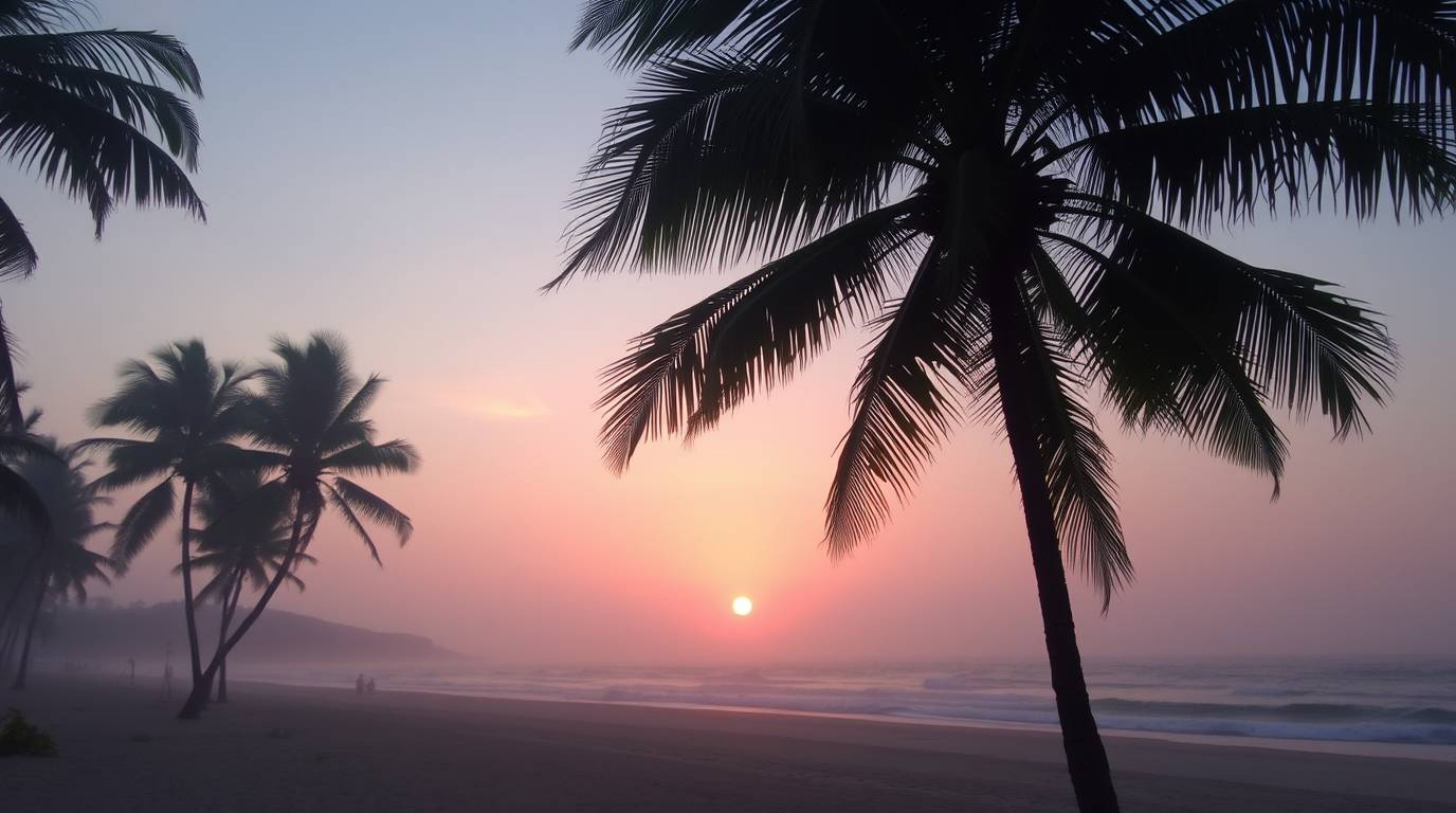 Experience a dreamy tropical beach sunset scene with swaying palm trees bathed in soft light and a hazy, soft atmosphere. Th