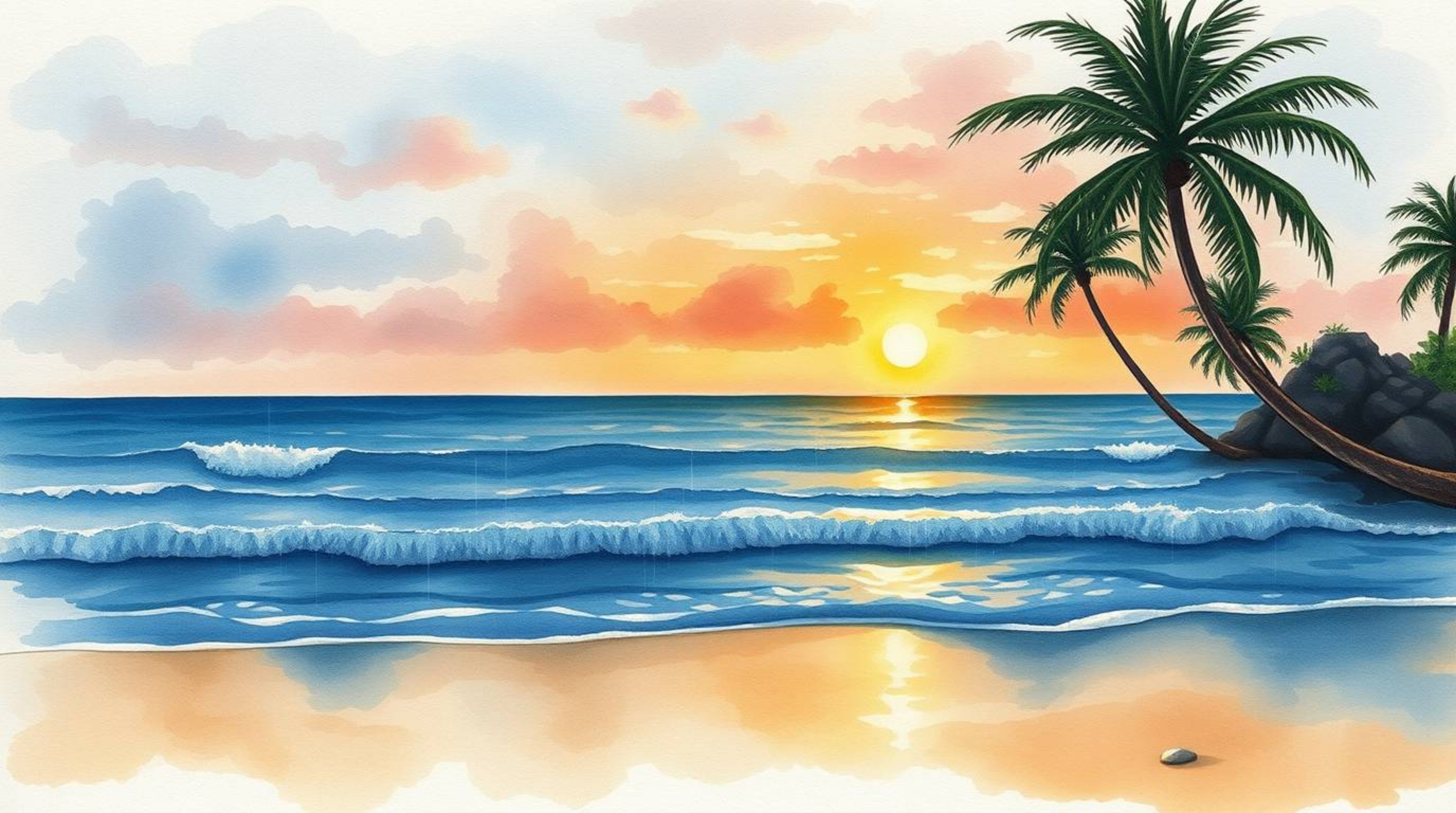This elegant watercolor painting captures the serene beauty of a wet tropical beach at sunset. Palm trees gently sway under a