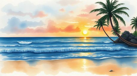 This elegant watercolor painting captures the serene beauty of a wet tropical beach at sunset. Palm trees gently sway under a