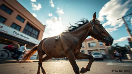 Experience the breathtaking beauty of a candid street photograph capturing an extreme macro close-up of a wild horse in motio