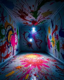 Experience a visual spectacle of a room overwhelmed with vibrant paint, captured from a captivating low angle perspective. Th