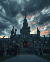 Architectural color photography capturing a magical school brimming with young wizards, powerfully juxtaposed against intense
