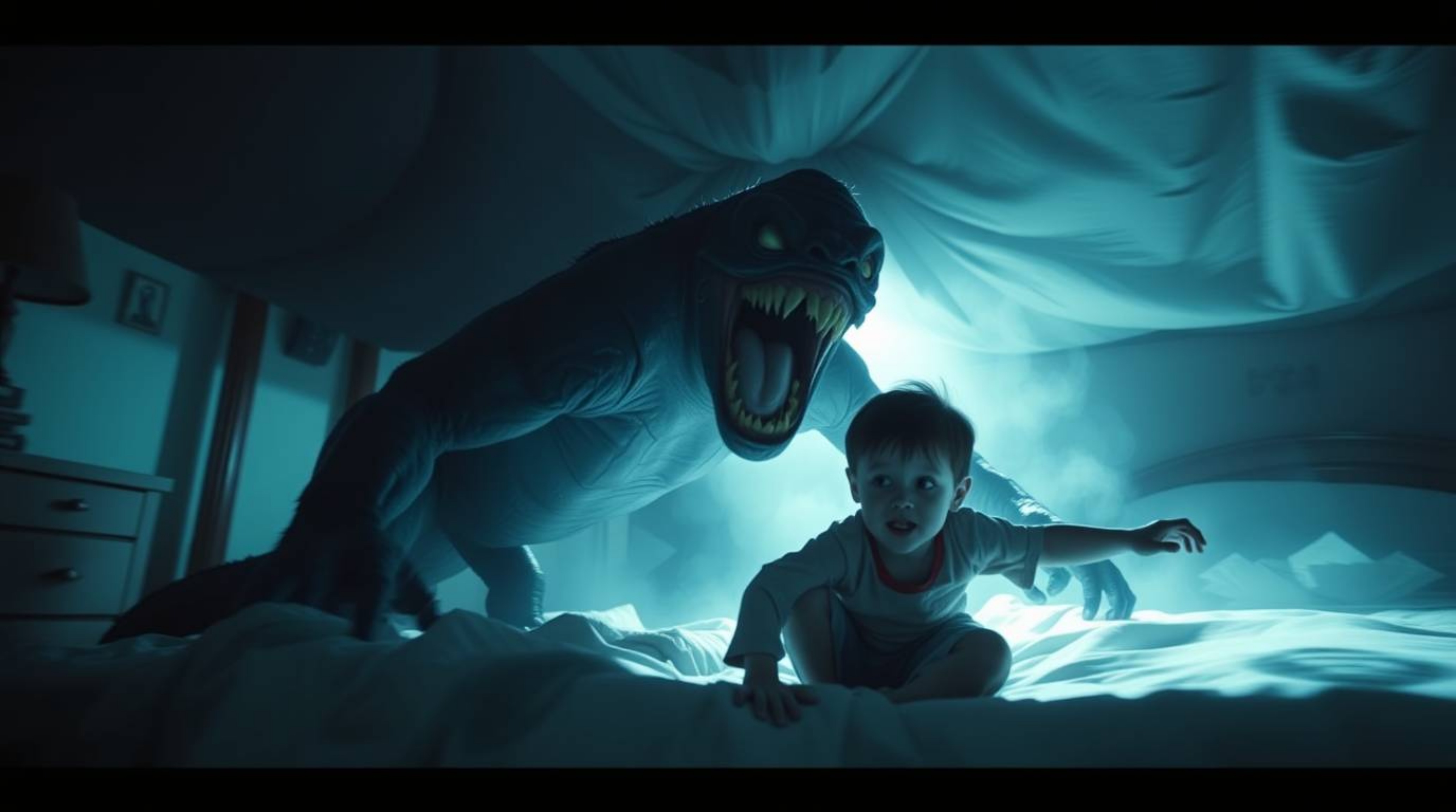 A vibrant animated short film depicting an unlikely friendship between a dynamic, in-motion monster living under a child's be