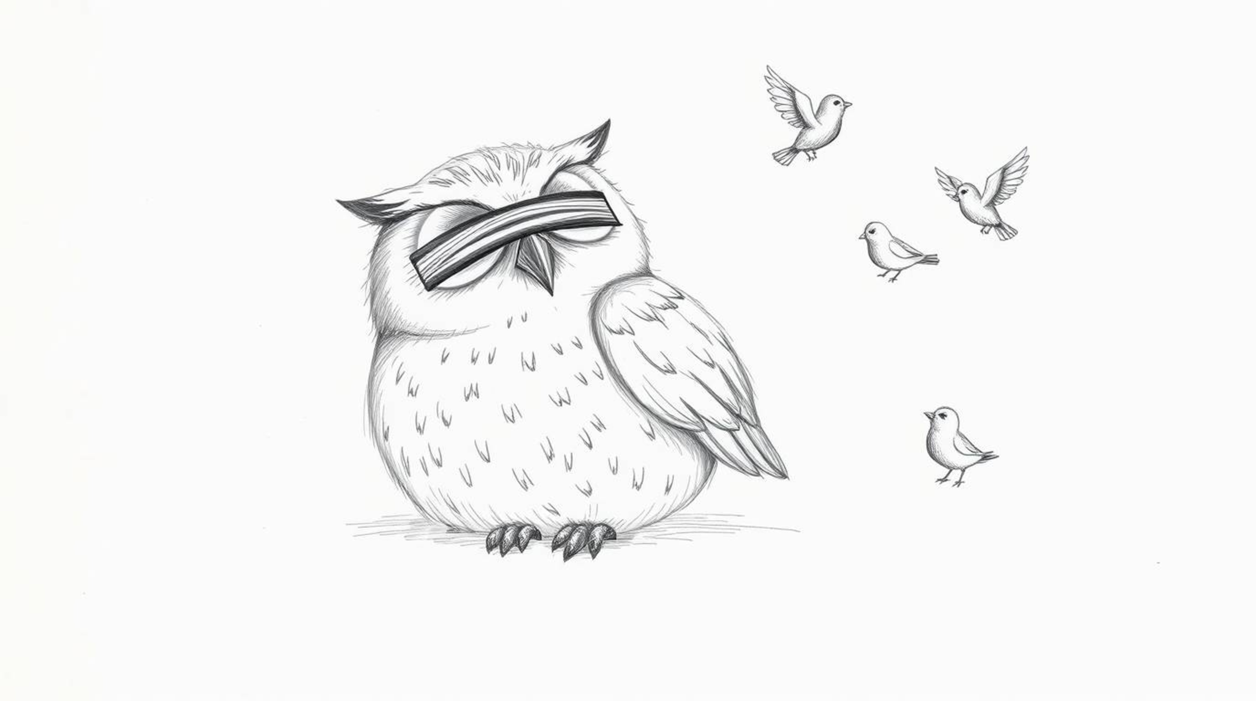 A heartwarming hand-drawn sketch reminiscent of Pixar animation, portraying a gentle, blind owl with feathery details resting