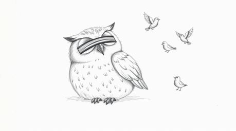 A heartwarming hand-drawn sketch reminiscent of Pixar animation, portraying a gentle, blind owl with feathery details resting