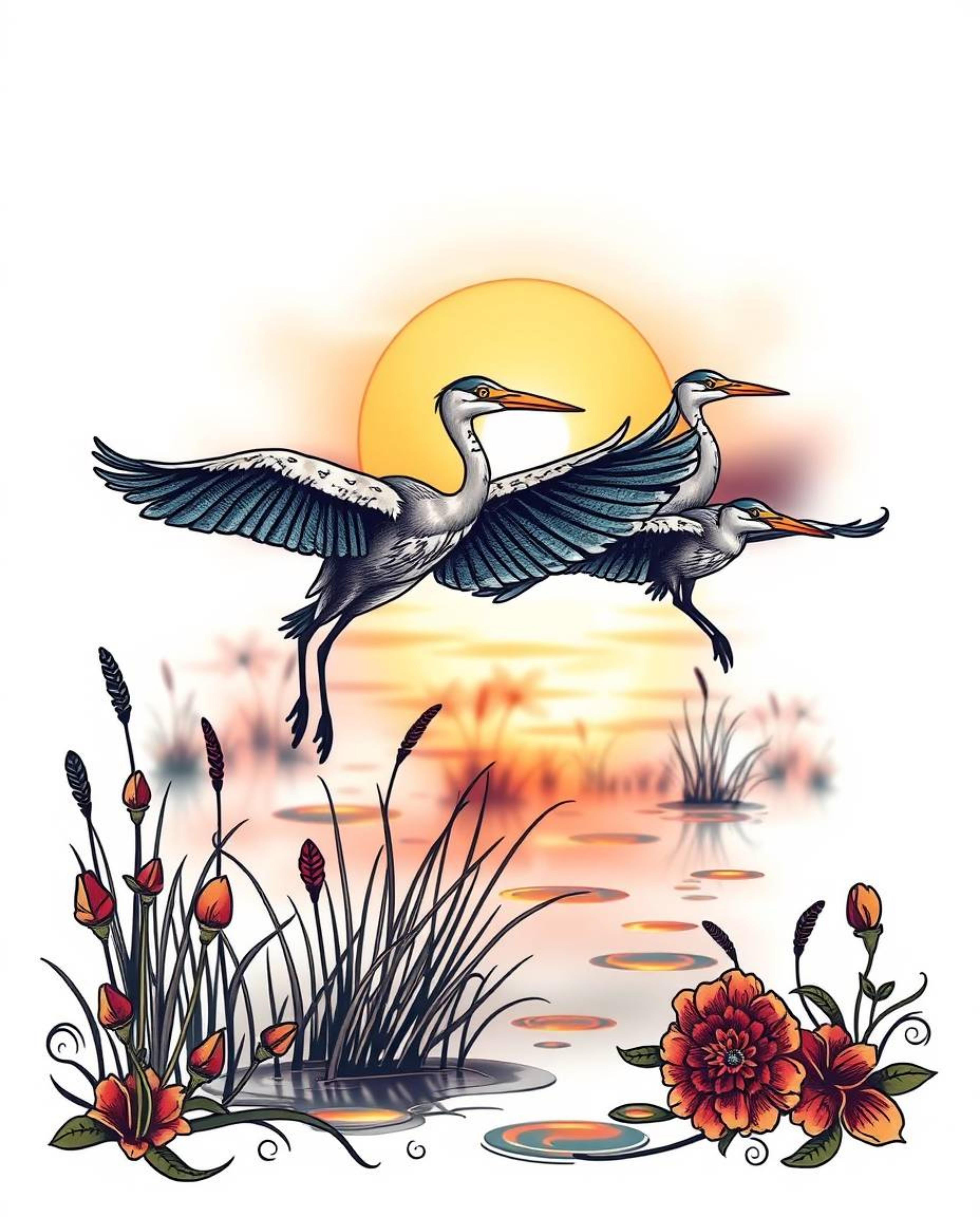 A symbolic traditional tattoo art print depicting herons flying during golden hour in wetlands, set against a white backgroun