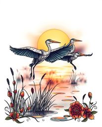 A symbolic traditional tattoo art print depicting herons flying during golden hour in wetlands, set against a white backgroun