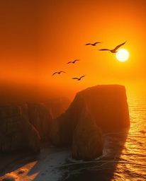 This is a realistic-style depiction of a coastal cliff sunset, where soaring birds are silhouetted against a warm golden glow