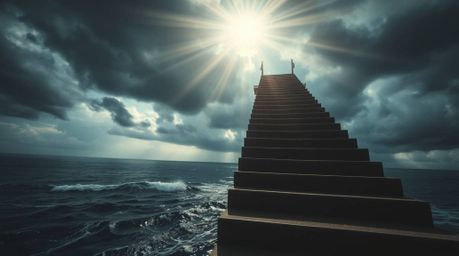 A captivating image depicts a dramatic staircase rising from the ocean towards a stormy sky, illuminated by a breathtaking di