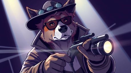 A captivating illustration showcases a sharp-eyed dog detective utilizing advanced technology to solve a thrilling mystery.  