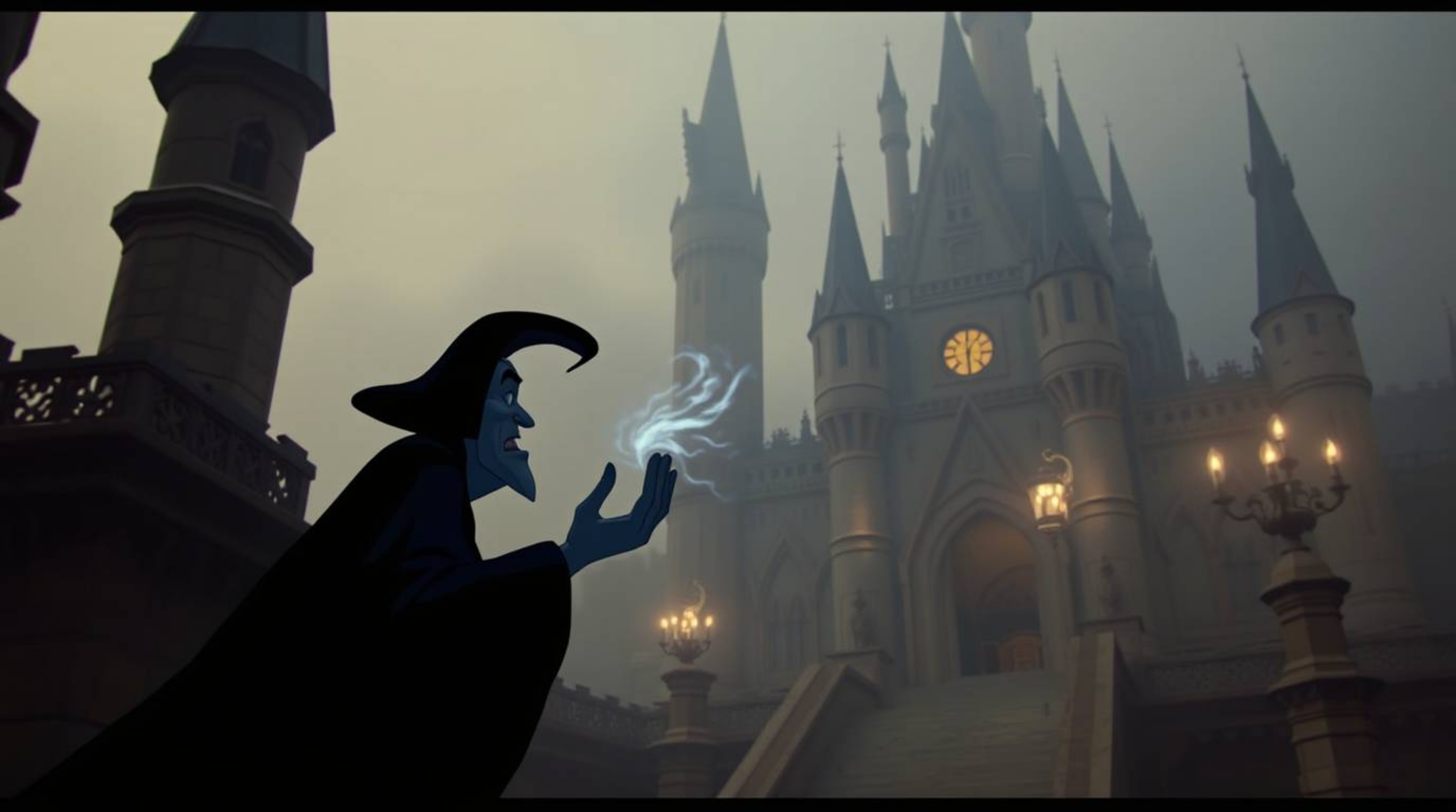 A captivating high-resolution image depicts a classic Disney villain casting a spell within the walls of an ancient castle.  