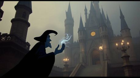 A captivating high-resolution image depicts a classic Disney villain casting a spell within the walls of an ancient castle.  