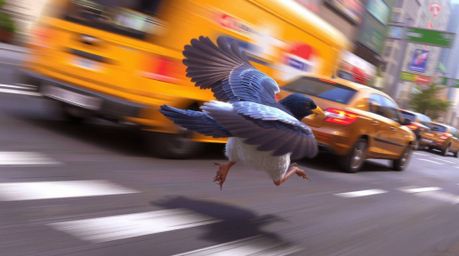 This digital painting captures a sense of dynamic motion with a fast-running bird zooming past traffic, creating blurred line