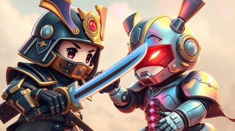 An adorable samurai with charming features engages in a vibrant battle against a cute robot.  Iridescent colors shimmer from 