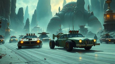 Experience a wacky racing scene with outlandish cars tearing through a massive, heroic, mystic, and enchanting environment. R