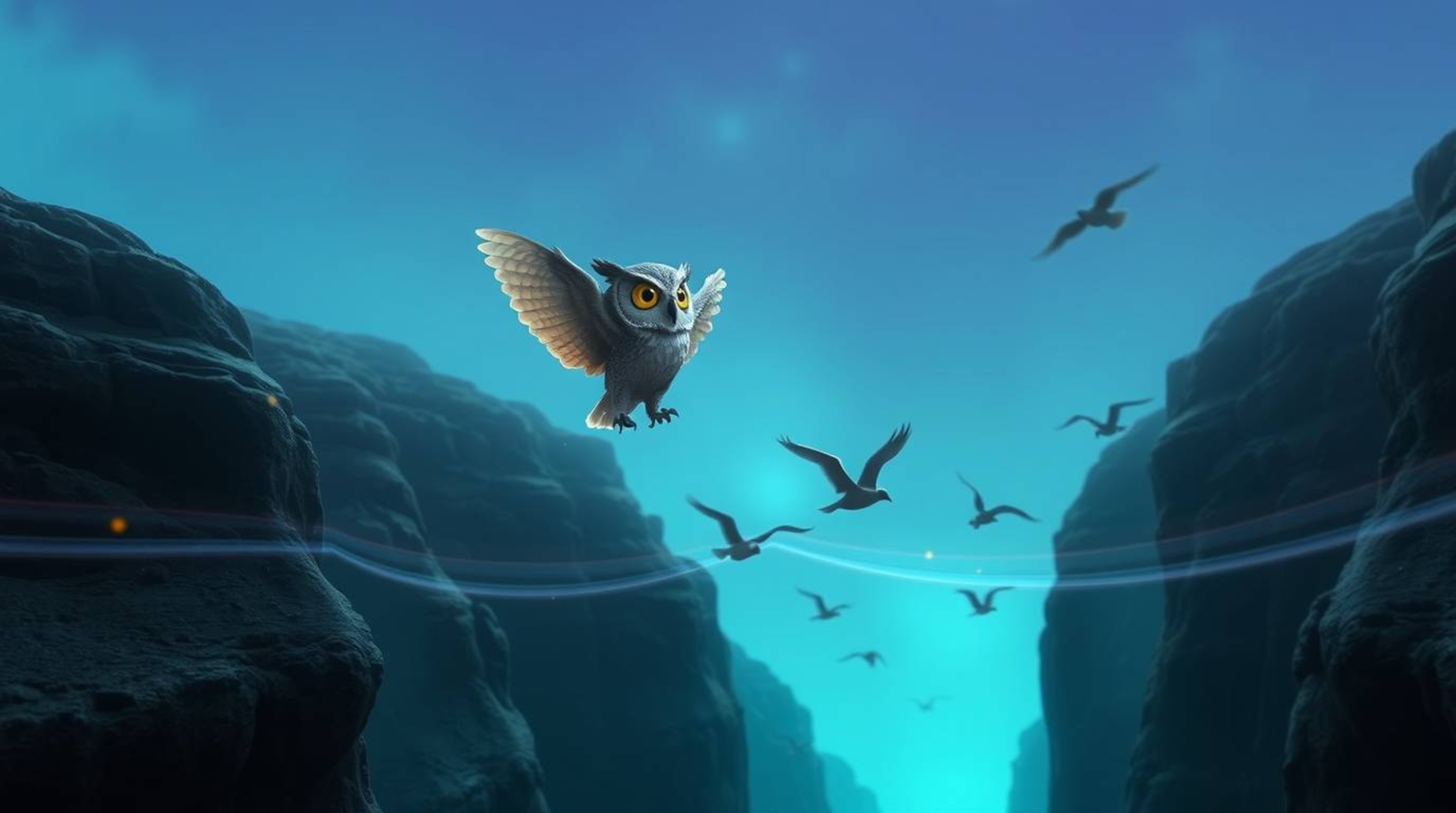 This long exposure photograph, presented in a soft, cinematic style, depicts a blind owl rendered in a beautiful Pixar animat