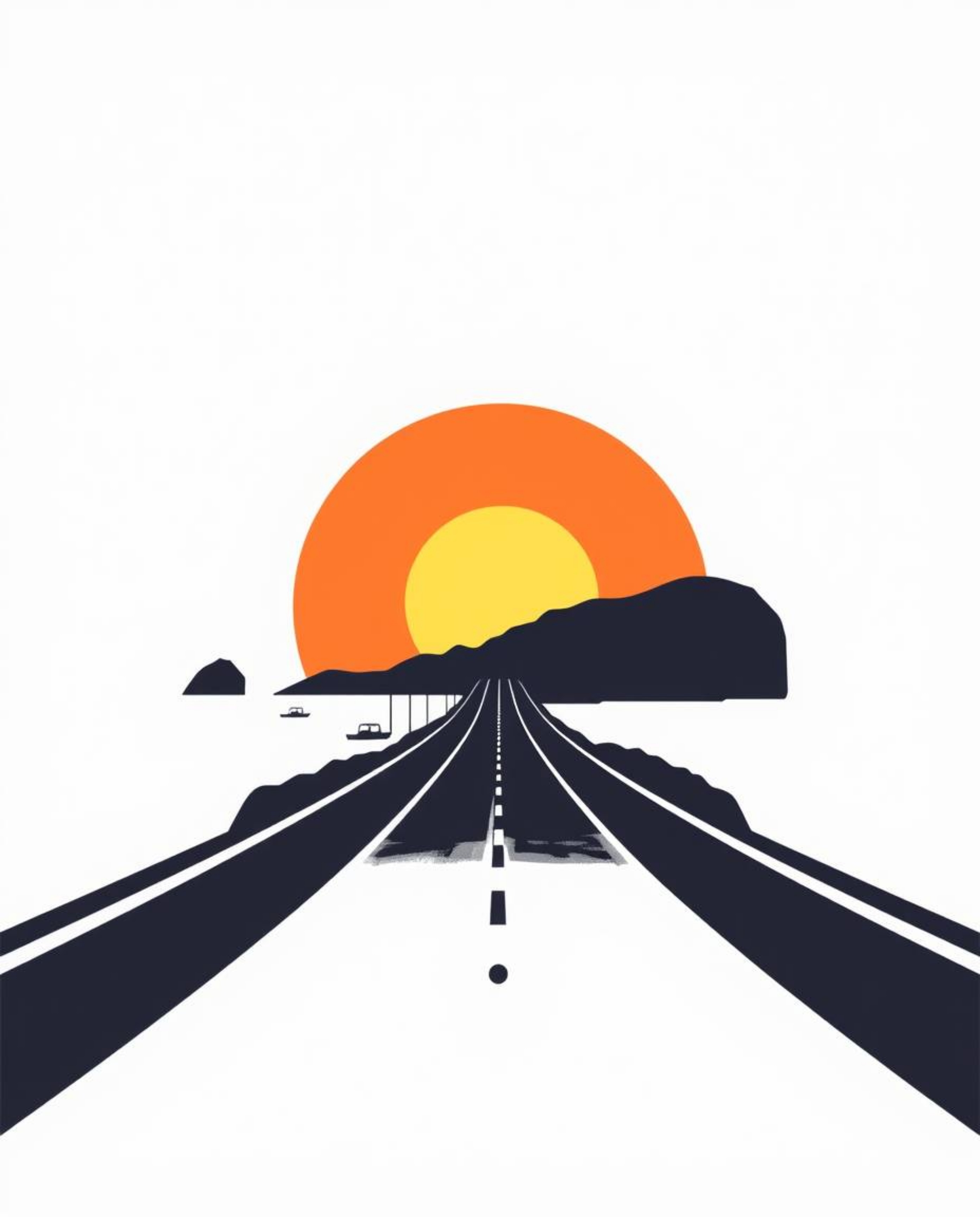 This geometric logo design features a silhouetted coastal highway at sunset, crafted with clean lines and balanced symmetry. 