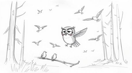 A charming hand-drawn sketch in the style of Pixar depicts a blind owl with gentle features patiently teaching a flock of bir