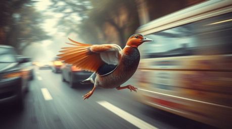 A fast-running bird with warm terracotta and cool teal plumage zooms past blurred city traffic in a mystic, dreamlike environ