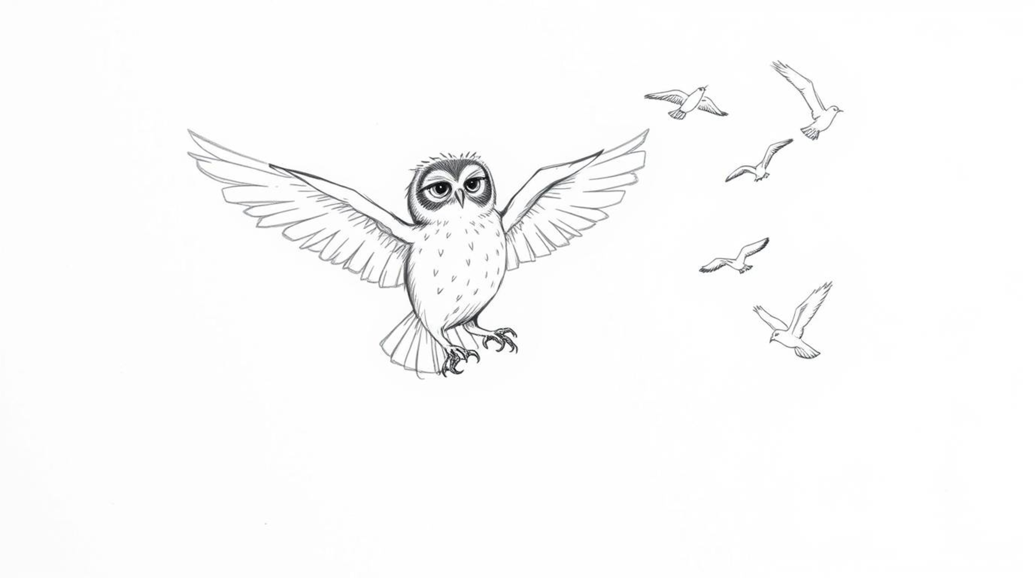 A heartwarming hand-drawn sketch in the style of Pixar depicts a blind owl magically teaching birds to fly.  The owl, sketche