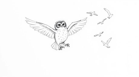 A heartwarming hand-drawn sketch in the style of Pixar depicts a blind owl magically teaching birds to fly.  The owl, sketche