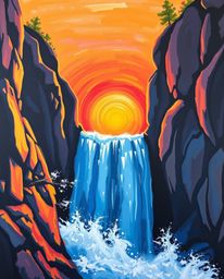 A tight close-up, bold acrylic painting of a Sun setting behind a dramatic waterfall. The artwork is characterized by its vib