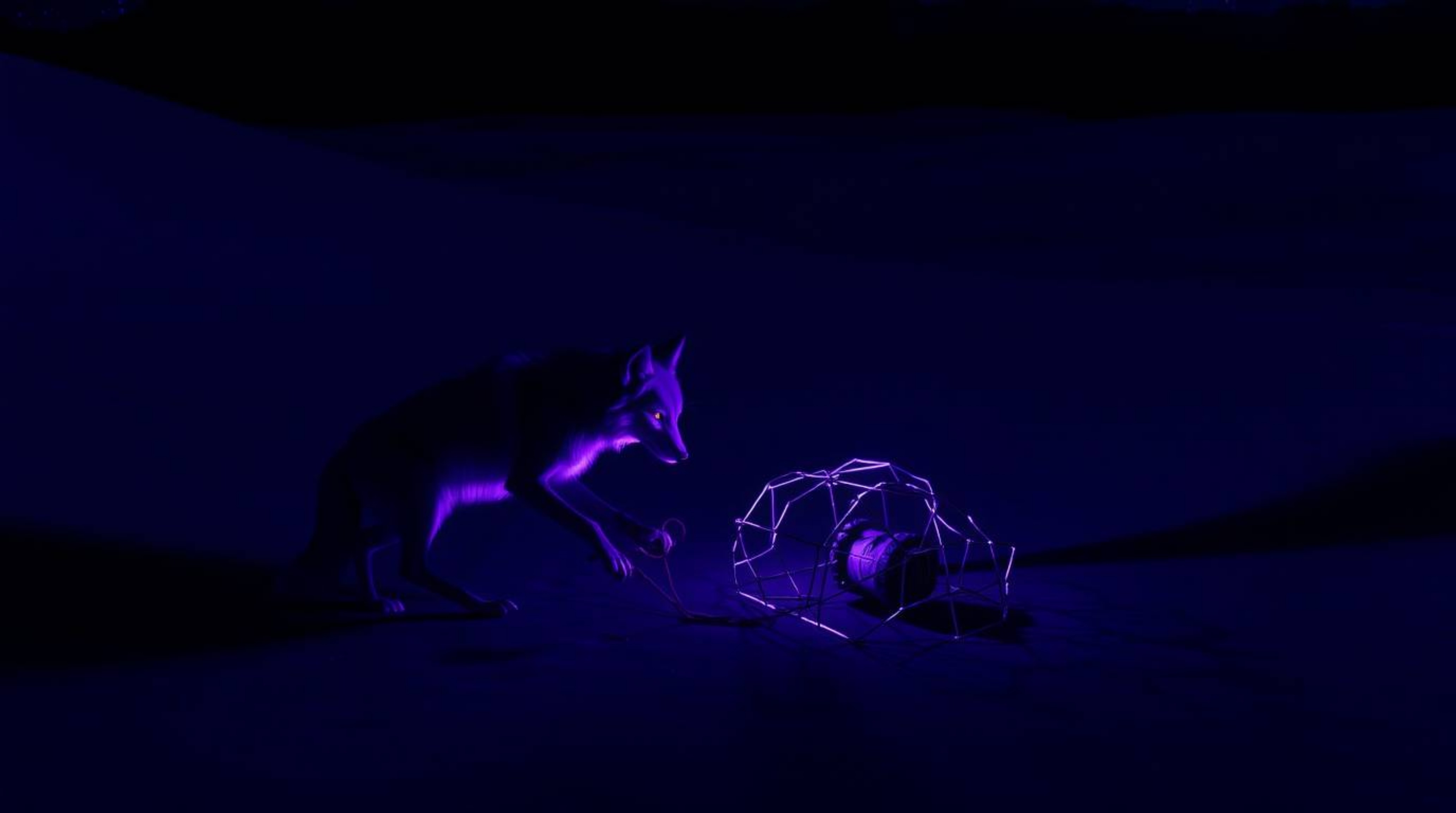 A captivating desert scene bathed in deep ultraviolet hues, featuring a coyote with vividly purple fur meticulously setting u