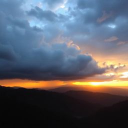 Capture the adorable charm of an intense and dramatic sunset over a quiet mountain valley.  The stormy skies create high tens