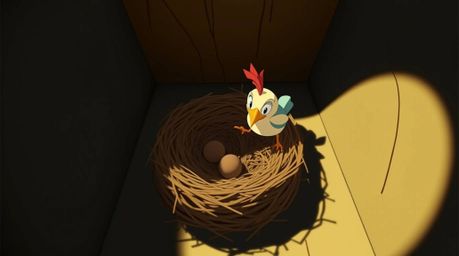 A high-angle perspective showcases two cartoon birds diligently building a nest, rendered in a classic animation style. The s