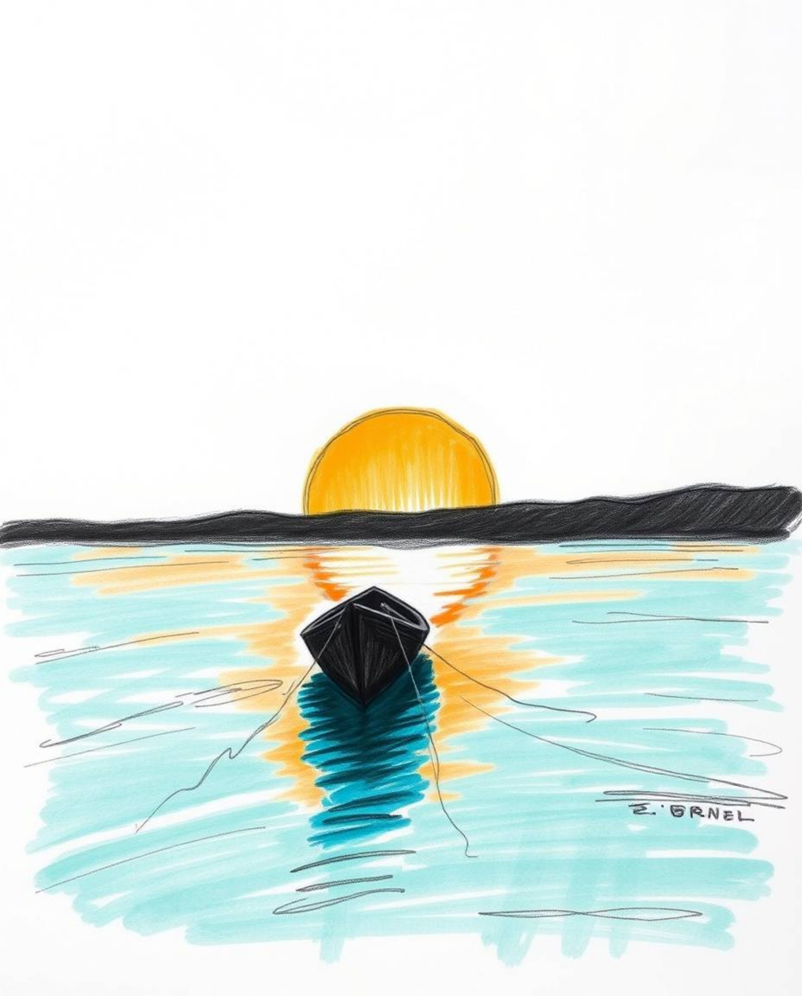 Hand-drawn sketch of a boat drifting on a sunset lake, warm terracotta and cool teal colors, strong chiaroscuro lighting crea