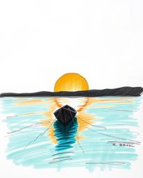 Hand-drawn sketch of a boat drifting on a sunset lake, warm terracotta and cool teal colors, strong chiaroscuro lighting crea