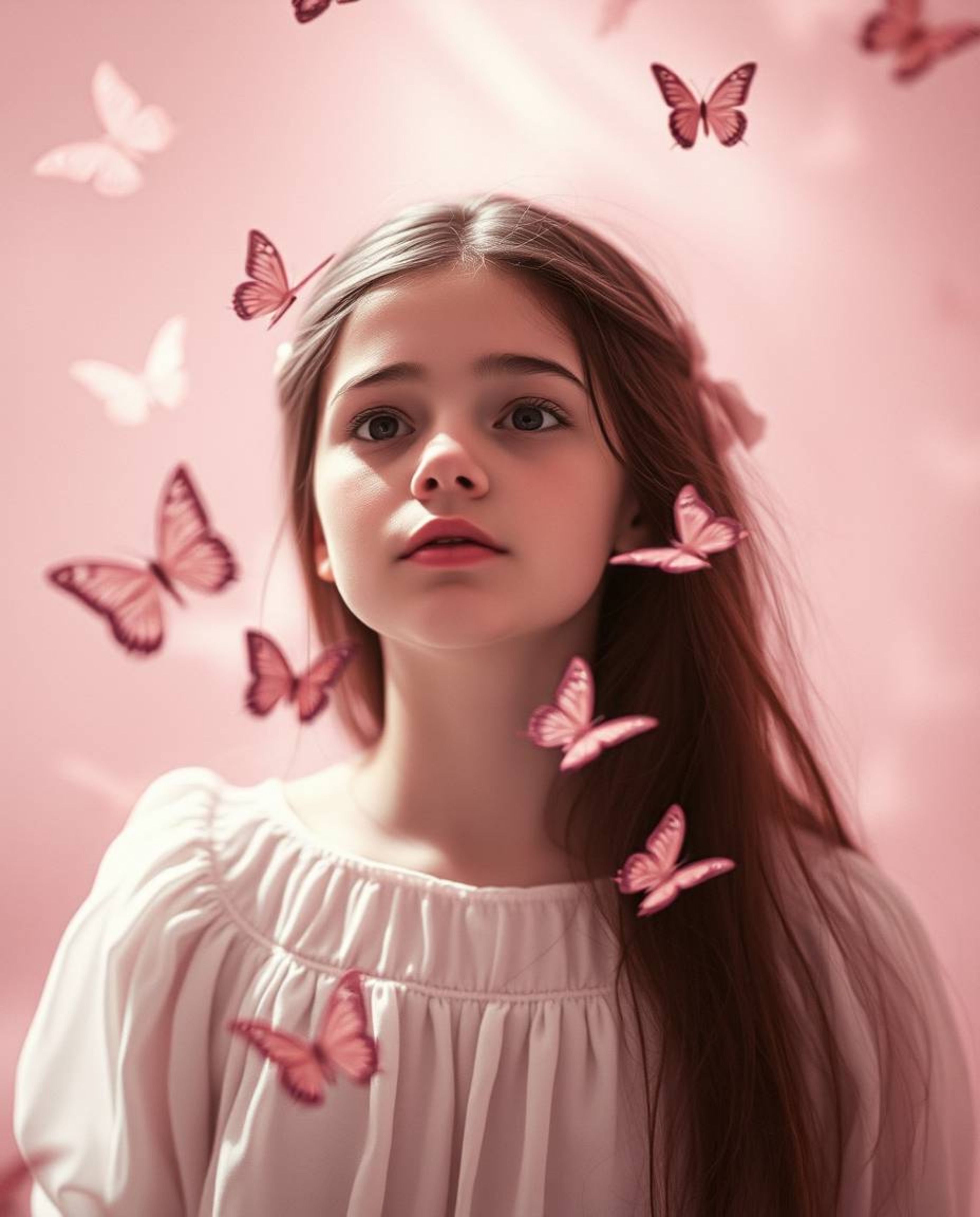 A captivating image showcasing a girl with ethereal features releasing butterflies into the air, bathed in gentle, soft light