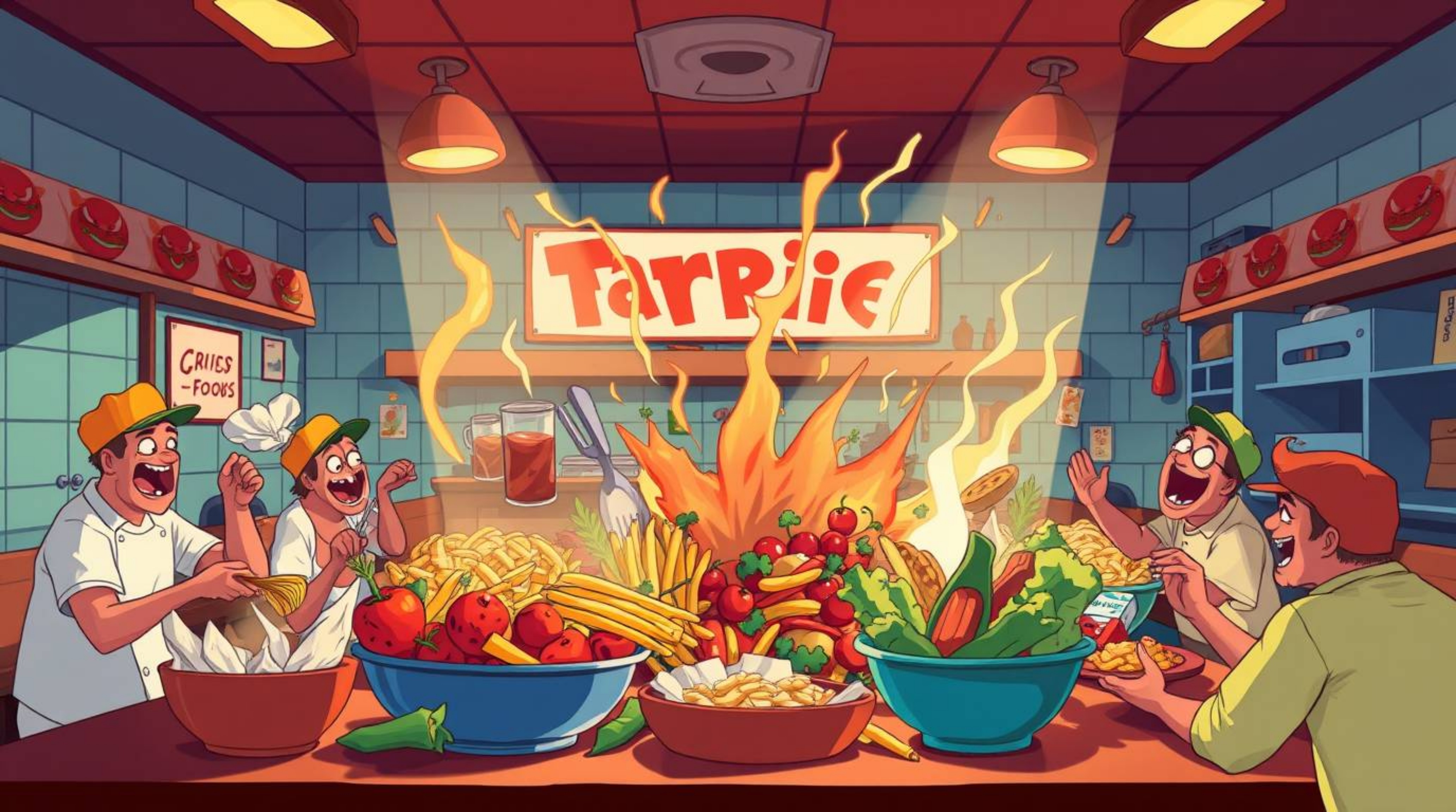 Experience the chaos of a wild food fight in a cartoon cafeteria brought to life with vibrant complementary colors and contra