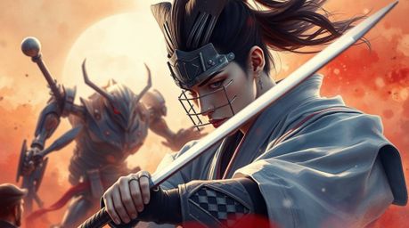 Experience a dreamlike, surreal watercolor painting depicting a refined samurai with light skin locked in battle with a fanta