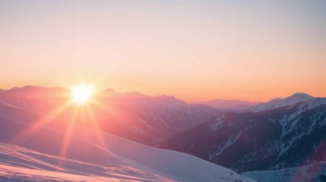 Experience the tranquility of snow-covered mountains bathed in the soft glow of a pastel sunset.  This breathtaking scene fea