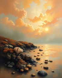A dreamlike and ethereal painting depicts a warm autumnal sky over a coral reef at low tide. This artwork creates a mystic an