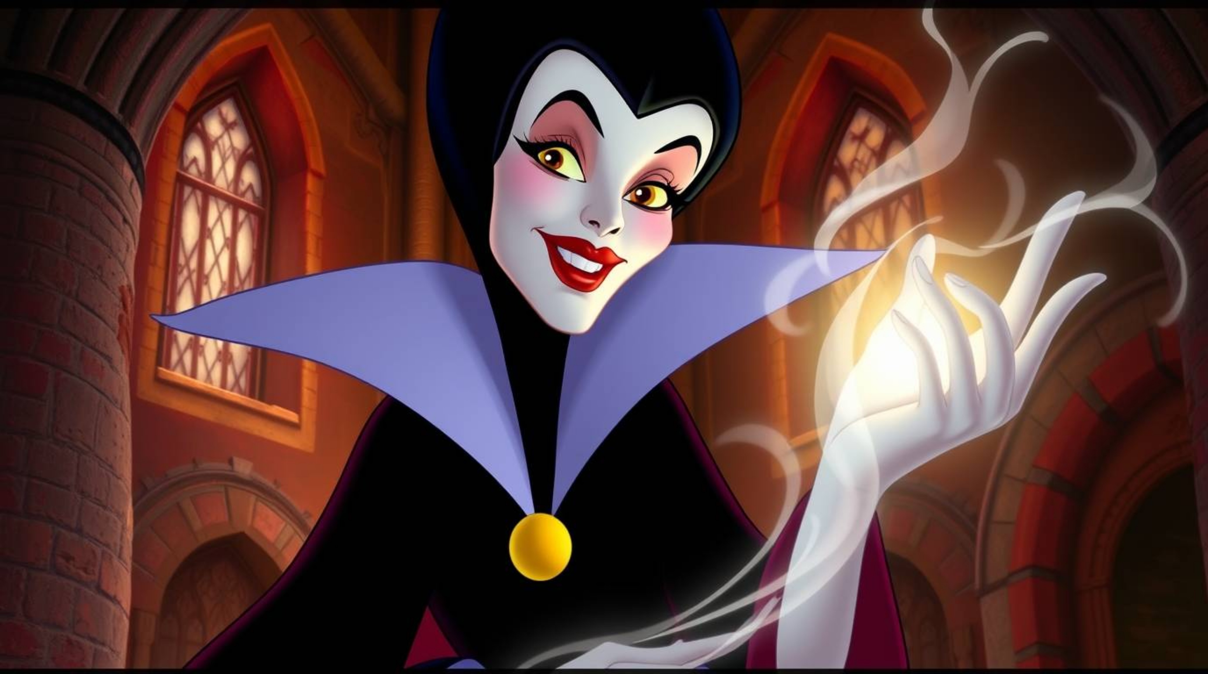 A captivating image depicting a classic Disney villain, elegant and graceful, casting a spell within a warm, inviting old cas