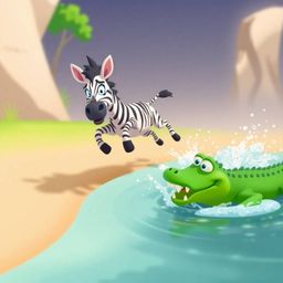 A modern, flat design image featuring a low-angle perspective of a 3D cartoon zebra frantically jumping towards a riverbank. 